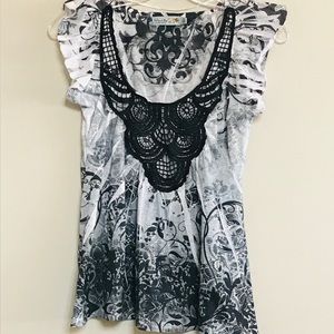 Unity World Wear GREY & BLACK TOP W CROCHETED LACE